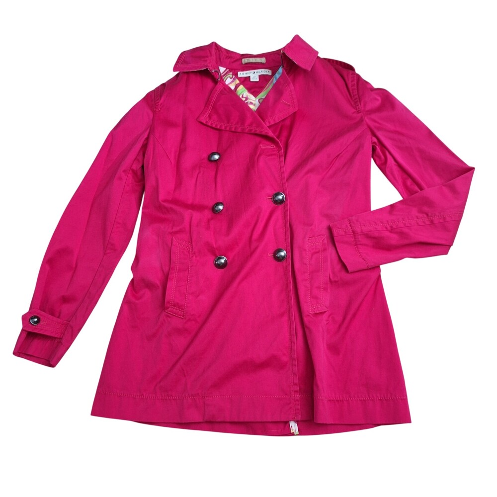 Tommy Hilfiger Pea Coat Women's Small Pink Double Breasted Floral Liner Belted